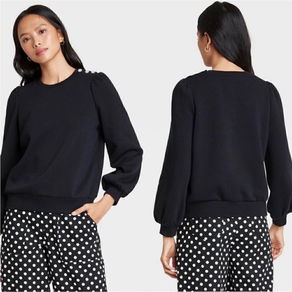 NEW Who What Wear Black Rhinestone Button  Shoulder Crewneck Sweatshirt Size XXL